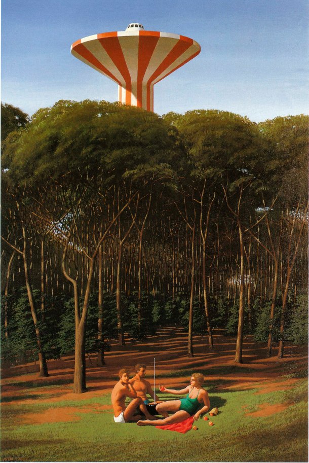 Jeffrey Smart, The Picnic, 1980, oil and acrylic on canvas, 69.5 x 70 cm. Published in Pearce, 2005, p. 166