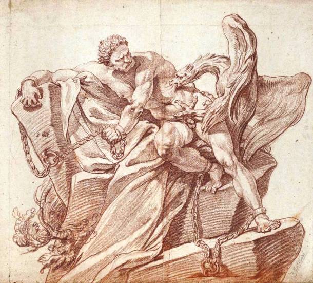 Attributed to René-Michel Slodtz, Prometheus attacked by an eagle (c. 1750), red chalk on paper, sheet: 31.9 × 53.3 cm. Reg. no. 1959.5621, gift of Dr J. Orde Poynton, 1959, Baillieu Library Print Collection, University of Melbourne.