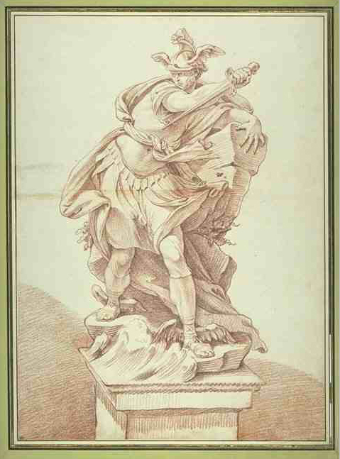 René-Michel Slodtz, Etude pour une statue de Persée, drawing with red chalk, 49.6 × 36.2 cm. Inv. 32855 recto, Musée du Louvre, ancienne collection Saint-Morys. 