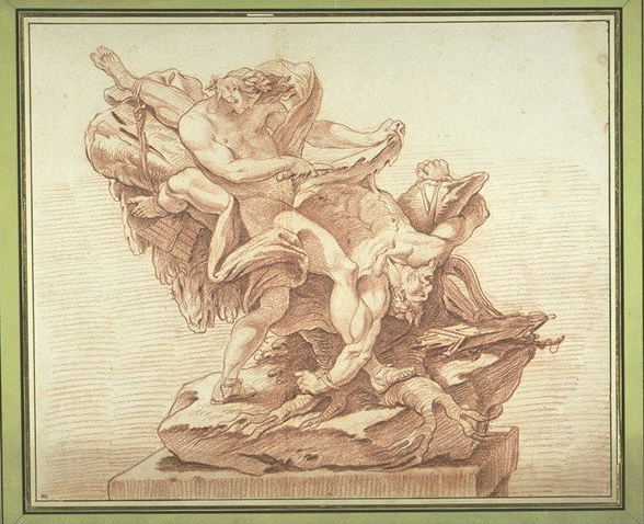 Attributed to René- Michel Slodtz, Apollon écorchant Marsyas, drawing with red chalk, 38.5 × 46.3 cm. Inv. 32857 recto, Musée du Louvre, ancienne collection Saint-Morys. 