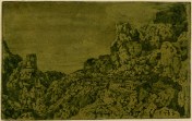 Hercules Segers, Rocky Mountains with a Plateau (HB 10.I.b), etching, sugar-lift and drypoint with surface tone, printed in dark-blue ink on ochre tinted paper, brushed with olive green, 135 x 208mm. Museum Number S.5521 (from the collection of John Sheepshanks, acquired in 1836). To view this print on the British Museum Collection Online click here. © The Trustees of the British Museum
