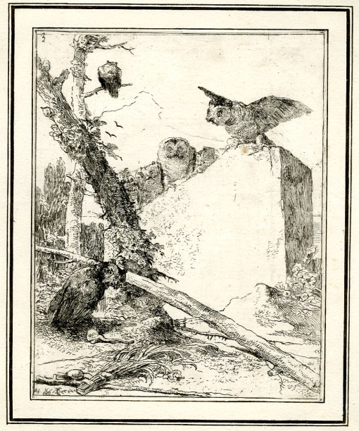 Giovanni Battista Tiepolo, Titleplate: with owls perching on a stone slab, Scherzi di Fantasia (1750-1760) etching, 223 x 177cm. Museum Number 1919,1220.14. Click here to view this object on the British Museum Collection Online. © The Trustees of the British Museum