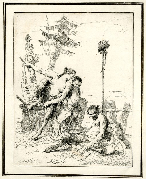 Giovanni Battista Tiepolo, Plate 10: a seated satyr with his wife and son before an owl perched on a pole, Scherzi di Fantasia (1750-1760) etching, 224 x 178mm. Museum Number 1919,1220.25 Click here to view this object on the British Museum Collection Online. ©The Trustees of the British Museum