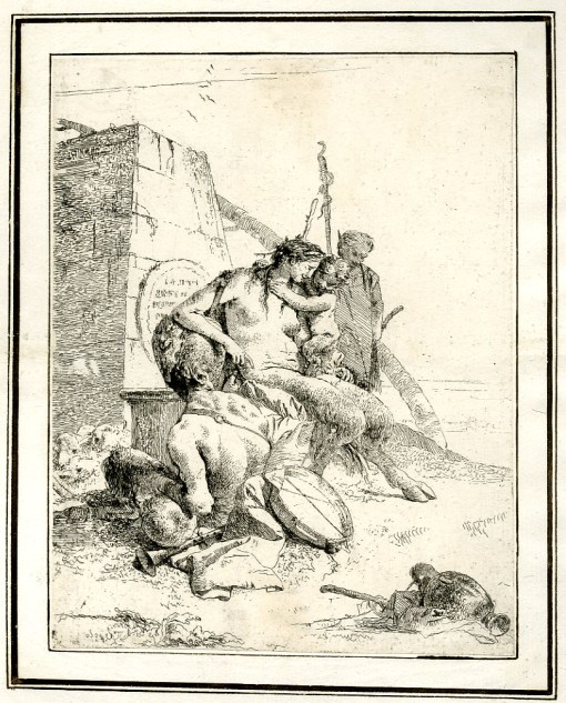Giovanni Battista Tiepolo, Plate 11: a seated satyr from the back with his family, Scherzi di Fantasia (1750-1760) etching, 224 x 177mm. Museum Number 1919,1220.26 Click here to view this object on the British Museum Collection Online. ©The Trustees of the British Museum