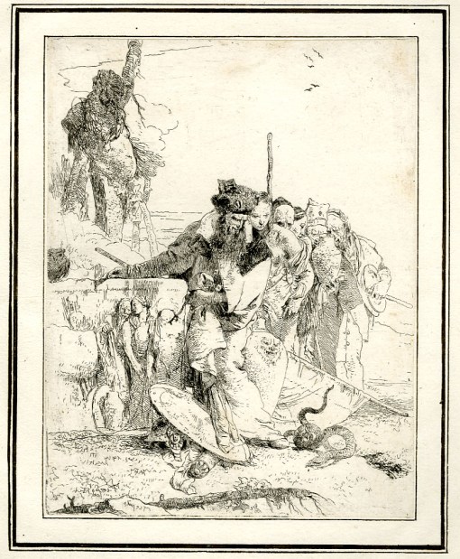Giovanni Battista Tiepolo, Plate 12: Six standing figures looking at a snake, Scherzi di Fantasia (1750-1760) etching, 229 x 178mm. Museum Number 1919,1220.28 Click here to view this object on the British Museum Collection Online. ©The Trustees of the British Museum