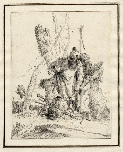 Giovanni Battista Tiepolo, Plate 13: two standing magicians with a child, Scherzi di Fantasia (1750-1760) etching, 229 x 178mm. Museum Number 1919,1220.29 Click here to view this object on the British Museum Collection Online. ©The Trustees of the British Museum