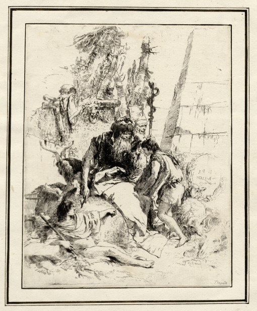 Giovanni Battista Tiepolo, Plate 14: two magicians with two children, Scherzi di Fantasia (1750-1760) etching, 224 x 177mm. Museum Number 1919,1220.30 Click here to view this object on the British Museum Collection Online. ©The Trustees of the British Museum