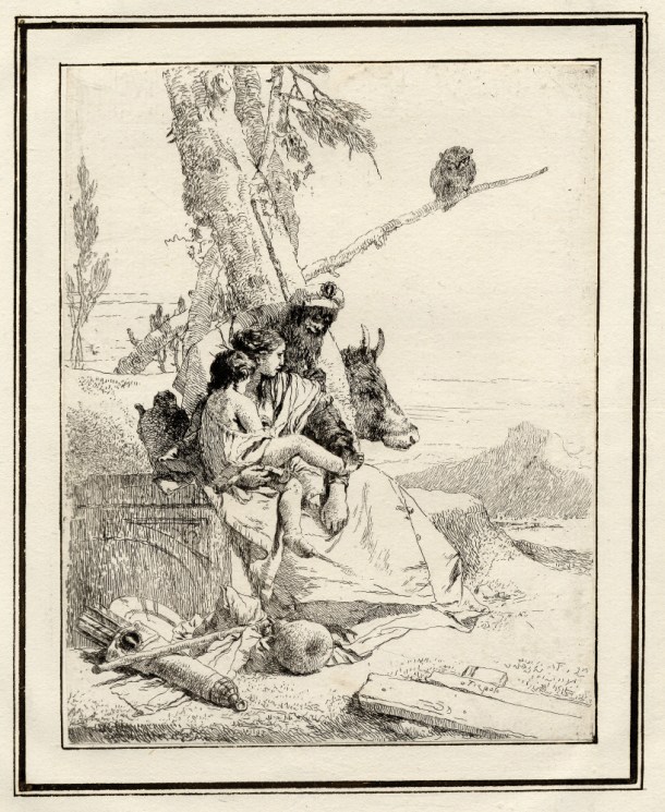Giovanni Battista Tiepolo, Plate 15: an oriental man with his wife and child, Scherzi di Fantasia (1750-1760) etching, 224 x 175mm. Museum Number 1919,1220.31 Click here to view this object on the British Museum Collection Online. ©The Trustees of the British Museum