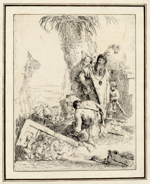 Giovanni Battista Tiepolo, Plate 16: a seated beggar seen from behind watched by orientals, Scherzi di Fantasia (1750-1760) etching, 225 x 175mm. Museum Number 1919,1220.32 Click here to view this object on the British Museum Collection Online. ©The Trustees of the British Museum
