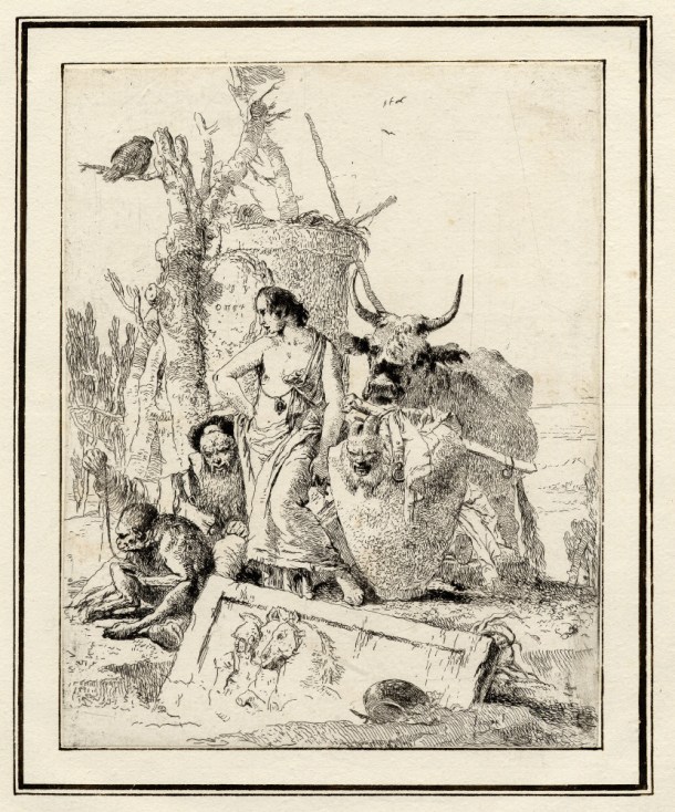 Giovanni Battista Tiepolo, Plate 18: an old man holding a monkey on a lead, Scherzi di Fantasia (1750-1760) etching, 225 x 178mm. Museum Number 1919,1220.34 Click here to view this object on the British Museum Collection Online. ©The Trustees of the British Museum