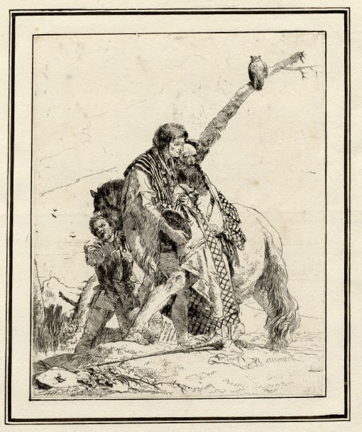 Giovanni Battista Tiepolo, Plate 19: three standing men in front of a horse, Scherzi di Fantasia (1750-1760) etching, 220 x 179mm. Museum Number 1919,1220.35 Click here to view this object on the British Museum Collection Online. ©The Trustees of the British Museum