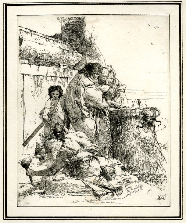 Giovanni Battista Tiepolo, Plate 2: a snake being burnt on an alter, Scherzi di Fantasia (1750-1760) etching, 223 x 177cm. Museum Number 1919,1220.16. Click here to view this object on the British Museum Collection Online. © The Trustees of the British Museum