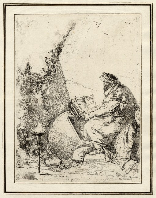 Giovanni Battista Tiepolo, Plate 20: a seated philosopher, Scherzi di Fantasia (1750-1760) etching, 228 x 172mm. Museum Number 1919,1220.36 Click here to view this object on the British Museum Collection Online. ©The Trustees of the British Museum