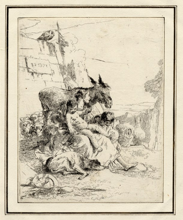 Giovanni Battista Tiepolo, Plate 21: a mother with two children seated in front of a donkey, Scherzi di Fantasia (1750-1760) etching, 227 x 176mm. Museum Number 1919,1220.38 Click here to view this object on the British Museum Collection Online. ©The Trustees of the British Museum