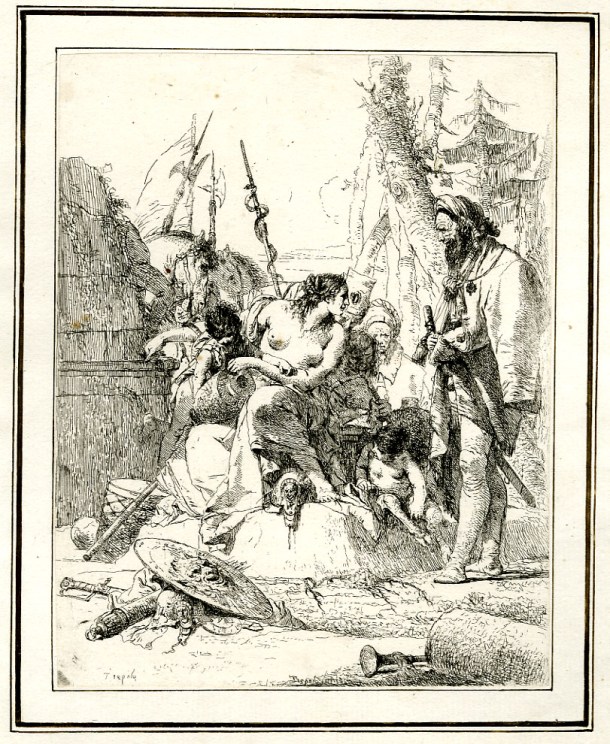 Giovanni Battista Tiepolo, Plate 3:  a seated woman addressing  a standing man, Scherzi di Fantasia (1750-1760) etching, 224 x 175mm. Museum Number 1919,1220.17. Click here to view this object on the British Museum Collection Online. © The Trustees of the British Museum