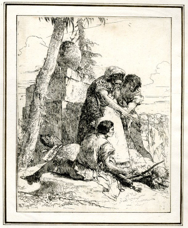 Giovanni Battista Tiepolo, Plate 4:  the head of a man on a wood fire, with spectators gathered around, Scherzi di Fantasia (1750-1760) etching, 226 x 178mm. Museum Number 1919,1220.18. Click here to view this object on the British Museum Collection Online. © The Trustees of the British Museum