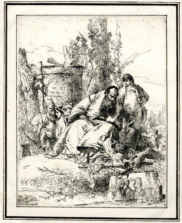 Giovanni Battista Tiepolo, Plate 5:  a seated magician looking at a pile of skulls, Scherzi di Fantasia (1750-1760) etching, 225 x 178mm. Museum Number 1919,1220.19. Click here to view this object on the British Museum Collection Online. © The Trustees of the British Museum