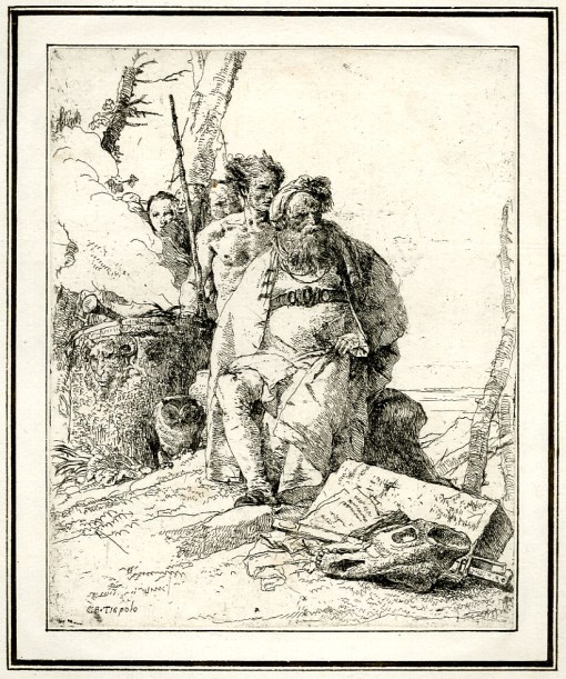 Giovanni Battista Tiepolo, Plate 6:  a seated magician with four standing figures, Scherzi di Fantasia (1750-1760) etching, 223 x 180mm. Museum Number 1919,1220.20. Click here to view this object on the British Museum Collection Online. © The Trustees of the British Museum