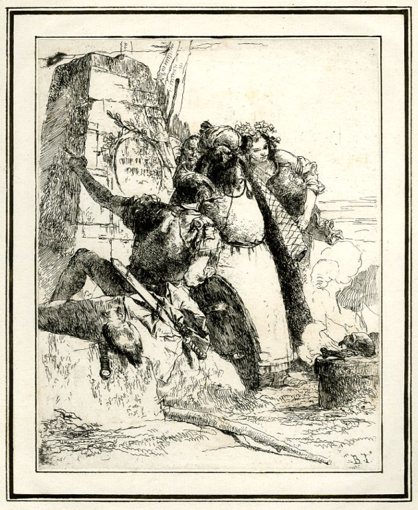 Giovanni Battista Tiepolo, Plate 7:  a human skull and a bone burning on a pedestal, Scherzi di Fantasia (1750-1760) etching, 224 x 178mm. Museum Number 1919,1220.21. Click here to view this object on the British Museum Collection Online. © The Trustees of the British Museum