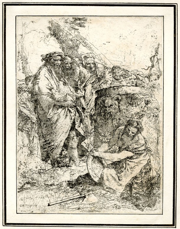 Giovanni Battista Tiepolo, Plate 8:  a kneeling woman holding a large dish, watched by numerous figures, Scherzi di Fantasia (1750-1760) etching, 230 x 171mm. Museum Number 1919,1220.23 Click here to view this object on the British Museum Collection Online. ©The Trustees of the British Museum