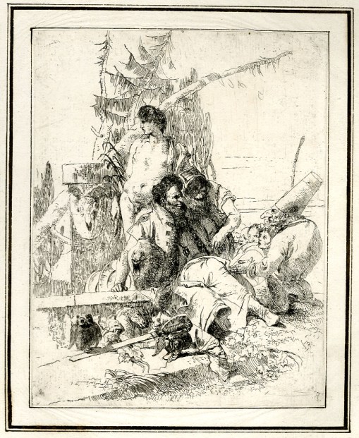 Giovanni Battista Tiepolo, Plate 9:  Polichinelle speaking to two magicians, Scherzi di Fantasia (1750-1760) etching, 235 x 185mm. Museum Number 1919,1220.24 Click here to view this object on the British Museum Collection Online. ©The Trustees of the British Museum