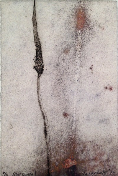 Jo Lankester, Marmoreal, 2014, drypoint and print release, 15 x 10 cm. Press North, Townsville.