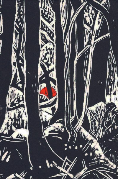 Liz Norris, Gold Diggings Wombat Forest, 2014, linocut, 15 x 10cm. Firestation Print Studio, Melbourne.