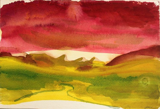 John Sheehan, Golden light (Remembering New Zealand), 2013, watercolour, 19 x 28cm 
