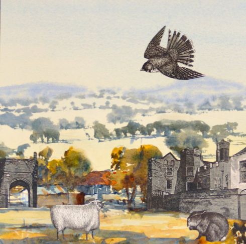 Colin Palethorpe, Gundagai, 2015, watercolour and collage on panel, 30 x 30 cm