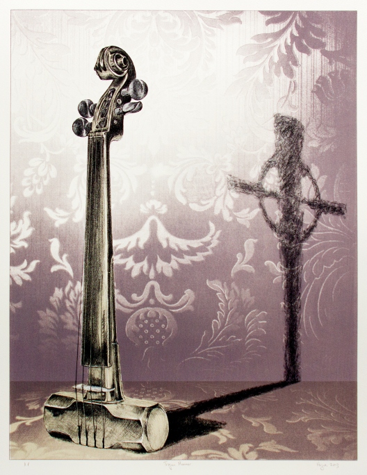 Robert Hague, Trojan Hammer (violin). 2013, hand printed lithograph on 300gsm cotton rag paper, 40 x 58cm, edition of 10