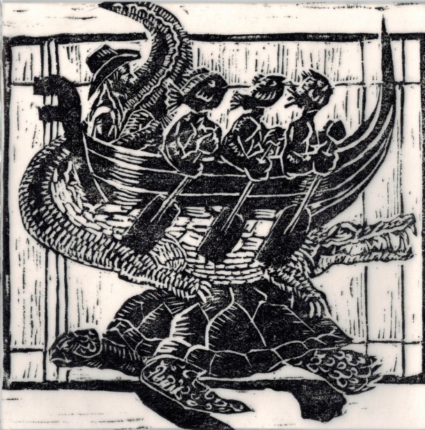 Gerald Soworka, Ontology of a post-colonial cane toad hunter, 2015, linocut, 15 x 15 cm 