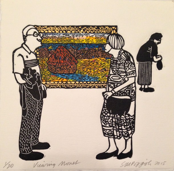 Sue Poggioli, Viewing Monet, 2015, hand coloured linocut, 15 x 15 cm