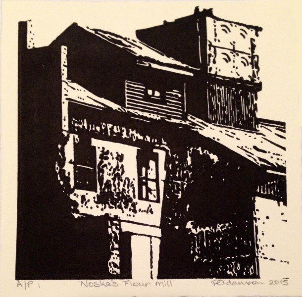 Peta Adamson, Noske's flour mill, 2015, linocut, 15 x 15 cm