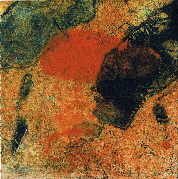 Rhonda Stevens, Fragile Edges, 2015, three plate collograph, 15 x 15 cm