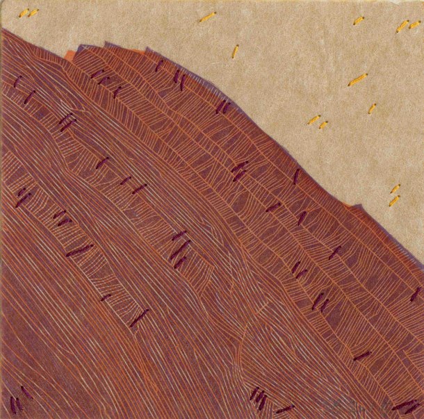 Elizabeth Banfield, Like an Echo, 2015, linocut, kozo tissue paper, thread, 15 x 15 cm 