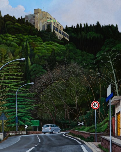 Eolo Paul Bottaro, Hotel La Pineta, Chiaramonte, 2016, egg tempera and oil on linen.