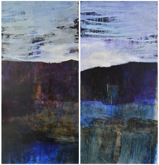 Caroline Rannersberger, Saturated Rock Forms with Loose Sky Gesture 2016, ink & acrylic on linen, 198cm x 97cm